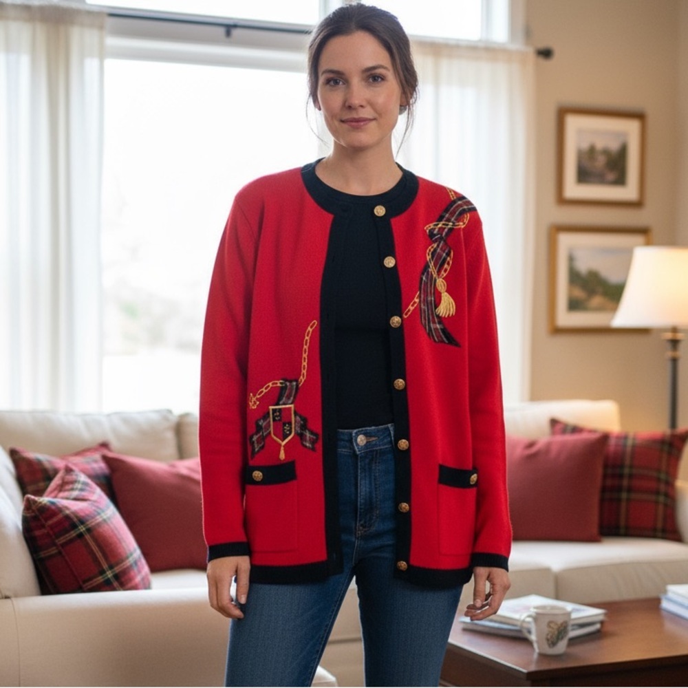 Vintage Doncaster Red & Black Fleur DeLis Decor Wool Blend Cardigan Size M
